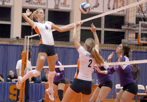 Monika Salkute goes for a kill during Syracuse's win over Niagara on Wednesday. The Orange will only play Big East teams for the rest of its season. 