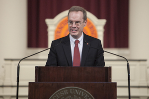 Kent Syverud, Syracuse University's next chancellor, addresses the Orange community Thursday.