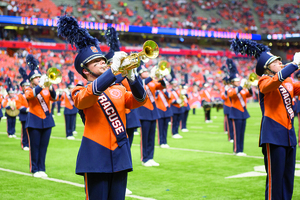 The SU Marching Band performs during the halftime show at the Clemson-SU game on Saturday, wearing new uniforms. This is the first update to the uniforms in 15 years, with all of the redesigned uniforms made in the United States and out of 100 percent recycled material.