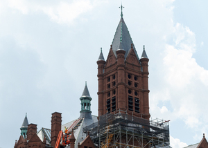 Repairs to Crouse College's masonry continue from the summer.