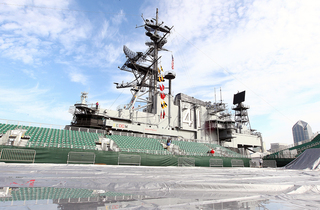 The court is seen covered with a top with the island in the background aboard the USS Midway Museum on Thursday, before the Battle on the Midway game between the Syracuse Orange and the San Diego State Aztecs scheduled for Sunday in San Diego, Calif.