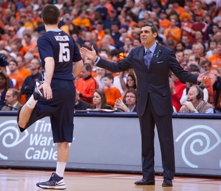 Villanova head coach Jay Wright questions a call made by officials. 