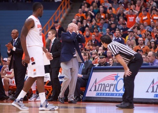 Syaracuse coach Jim Boeheim reacts to a call made by officials. 