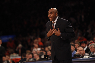 John Thompson III shouts onto the court in the first half of the Big East semifinals Friday night.