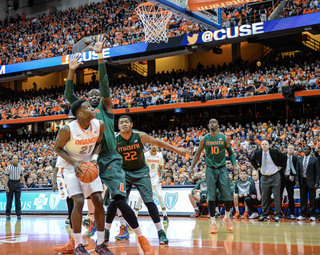 Tyler Roberson looks for his shot in the paint. He finished with 10 points and 14 rebounds in the loss. 