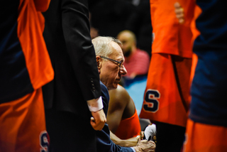 Boeheim urging his players in timeout. Despite any adjustments SU made, North Carolina shot fairly well throughout the game — 25-of-57 (43.9 percent) from the field.